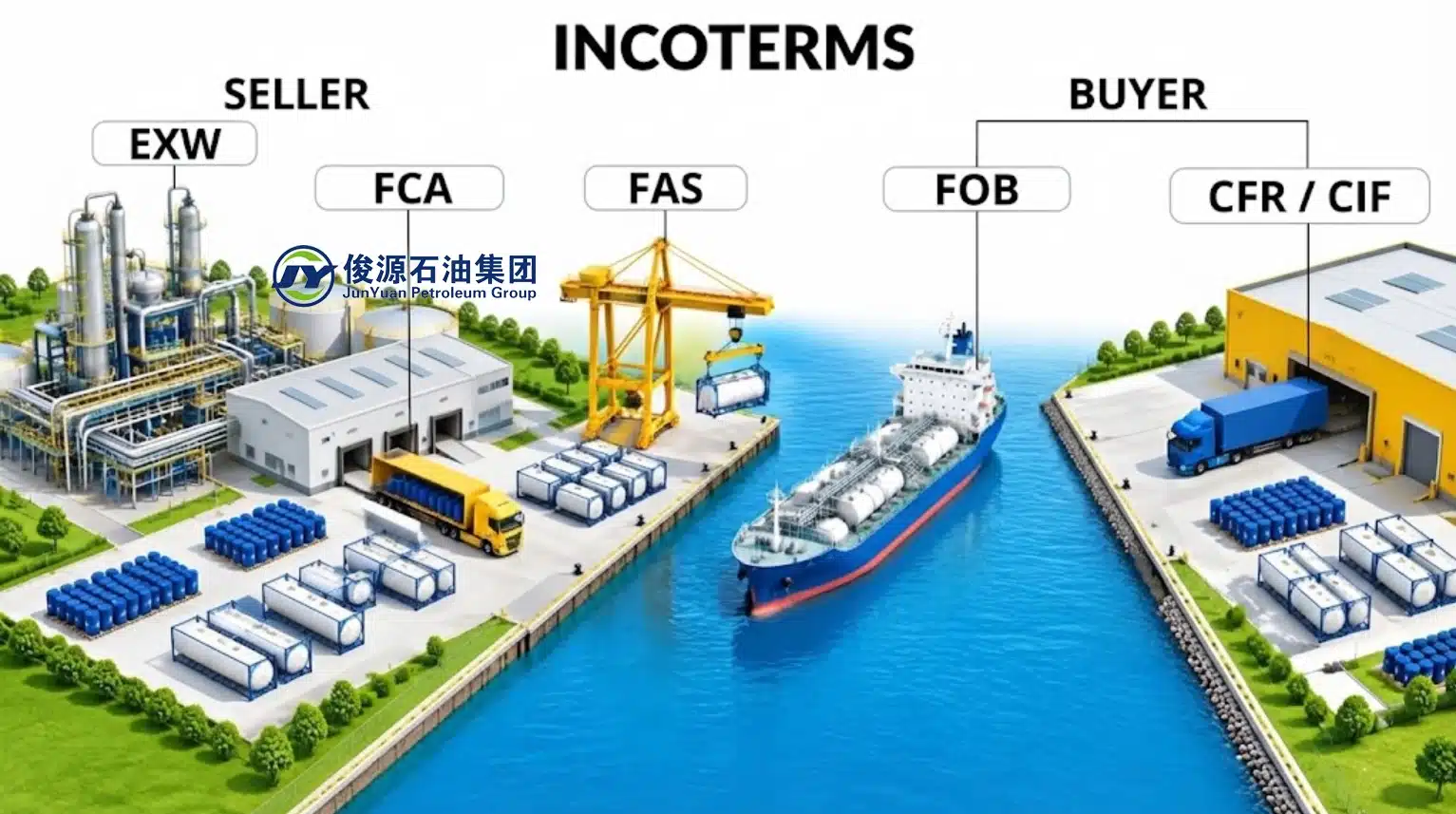 An infographic illustrating Incoterms and logistics supply chain responsibilities, ranging from the seller's factory and warehouse on the left (EXW, FCA, FAS, FOB, CFR/CIF) to the buyer's warehouse on the right, featuring cargo ships, trucks, and a port crane.