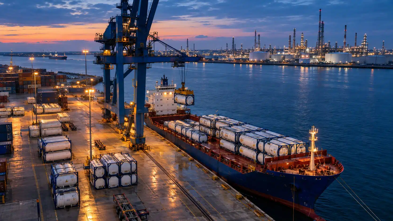 ISO tank containers loaded onto a cargo ship for international isopentane supply