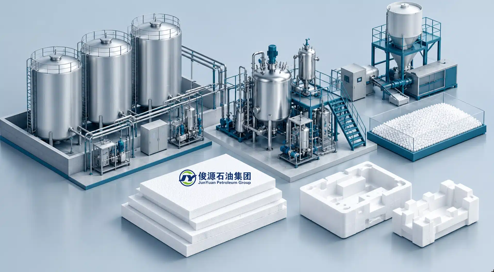 Isometric illustration of enclosed chemical tanks, EPS bead processing equipment, foam insulation panels, and protective packaging samples.