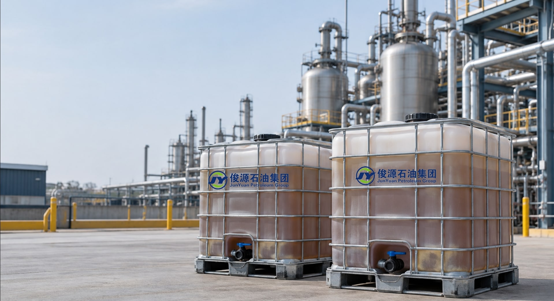 Two IBC totes containing brown liquid in a refinery receiving area, illustrating TBPS sulfiding-agent delivery.
